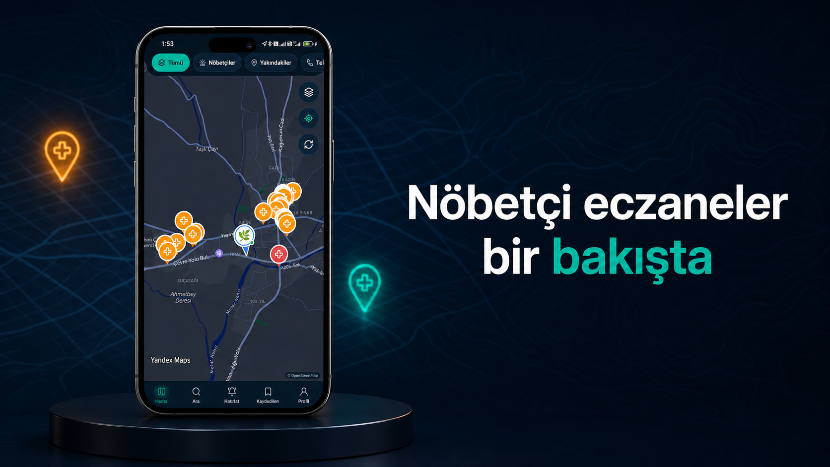 Nöbetçi eczaneler bir bakışta: Eczane Nerede nöbetçi eczane harita ekranı