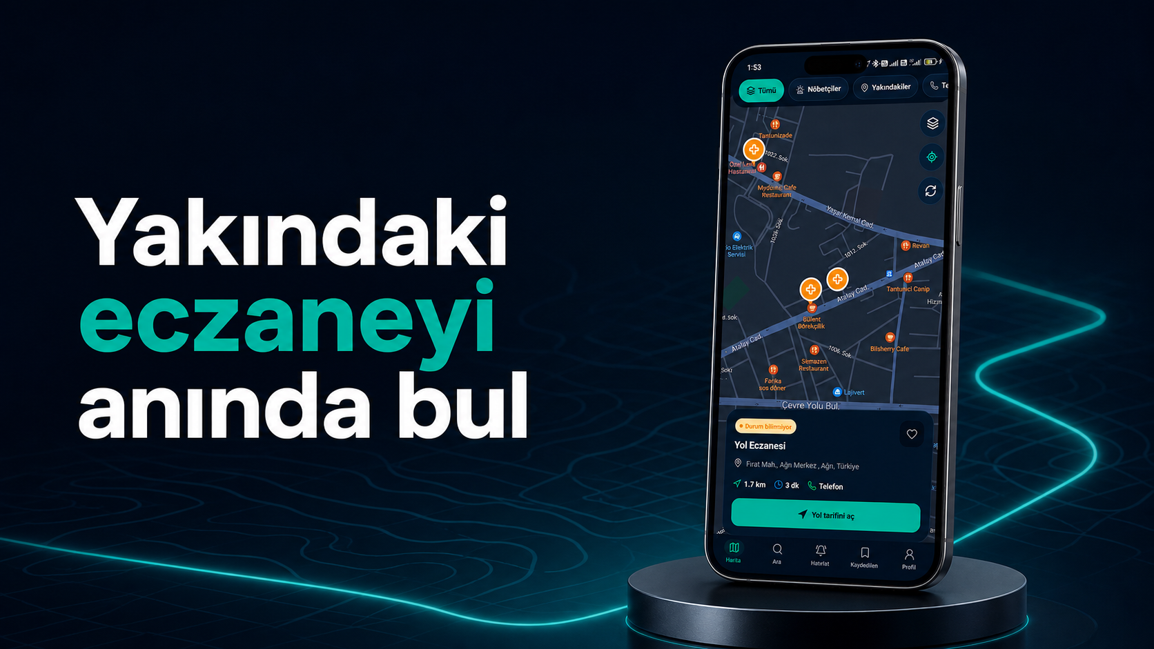 Yakındaki eczaneyi anında bul: Eczane Nerede uygulamasının yakın eczaneler harita ekranı